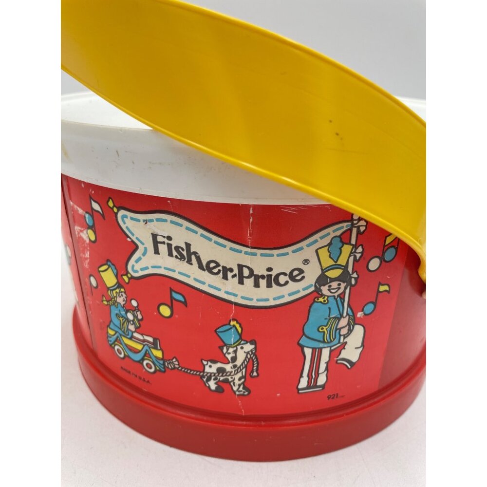 Vintage Fisher-Price Plastic Toy Drum Yellow Handle Marching Band Graphics 1979 - Picture 3 of 16
